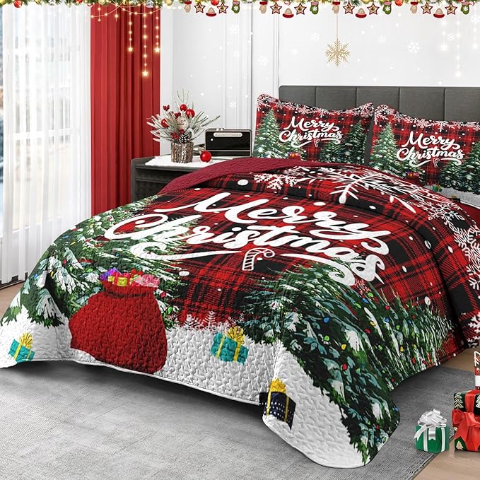 Christmas King Size Quilt Set, Green Cartoon Trees Lightweight Bedspread Coverlet with Pillow Shams for Kids and Adults, Black Red Plaid 3 Pcs Bedding Bed Cover