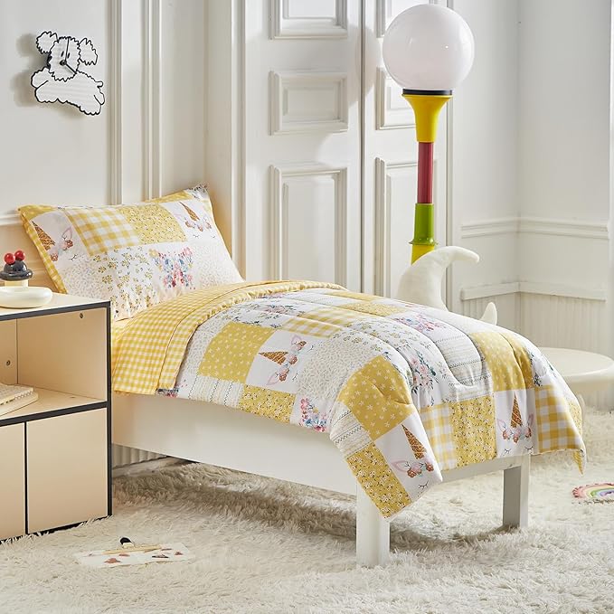 Joyreap 4 Piece Toddler Bedding Set for Girls- Butterflies Flowers Yellow n White Patchwork Design, Microfiber Toddler Bedding Comforter Set for All Seasons