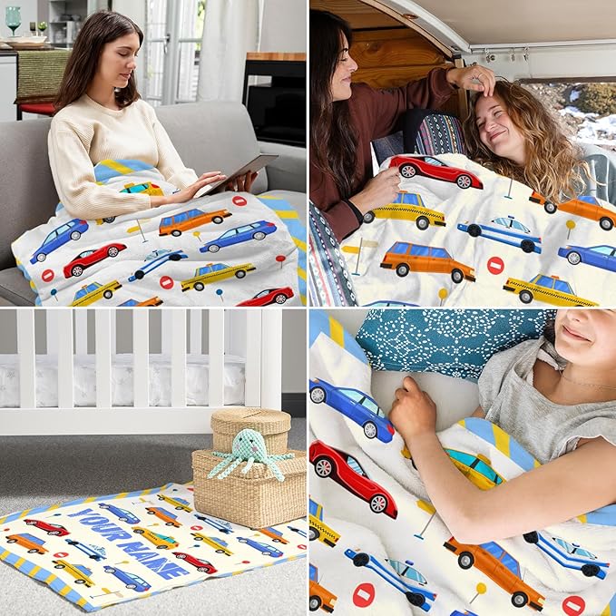 Personalized Car Blanket for Car Lovers - 50" x 60" Inches Blue Warm Furry Throw Blanket Gift - Cartoon Throw for Sofa, Work, Living Room