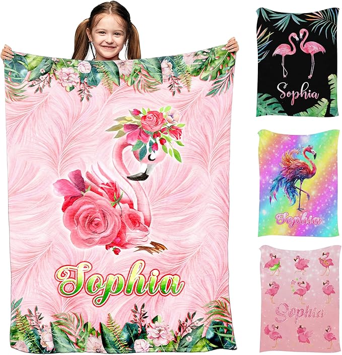 Personalized Baby Blanket for Girls Boys on Christmas Birthday, Ship Next Day, Pink Flamingo Blankets- Printed in USA, Custom Toddlers Blanket with Name for Baby Shower Kids Teens Toddlers Newborn