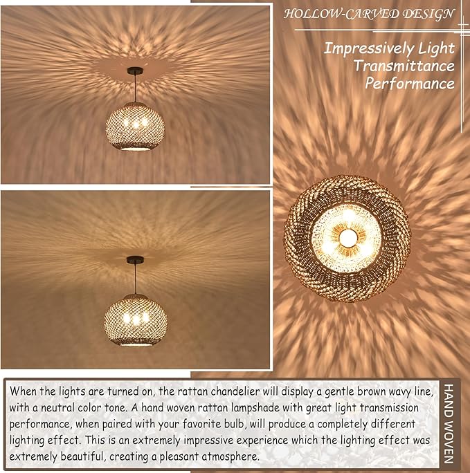17" Woven Rattan Ceiling Pendant Light Fixture 3-Light Boho Coastal Brown Wicker Hanging Lighting of Kitchen Island Farmhouse Dining Room Entryway Foyer