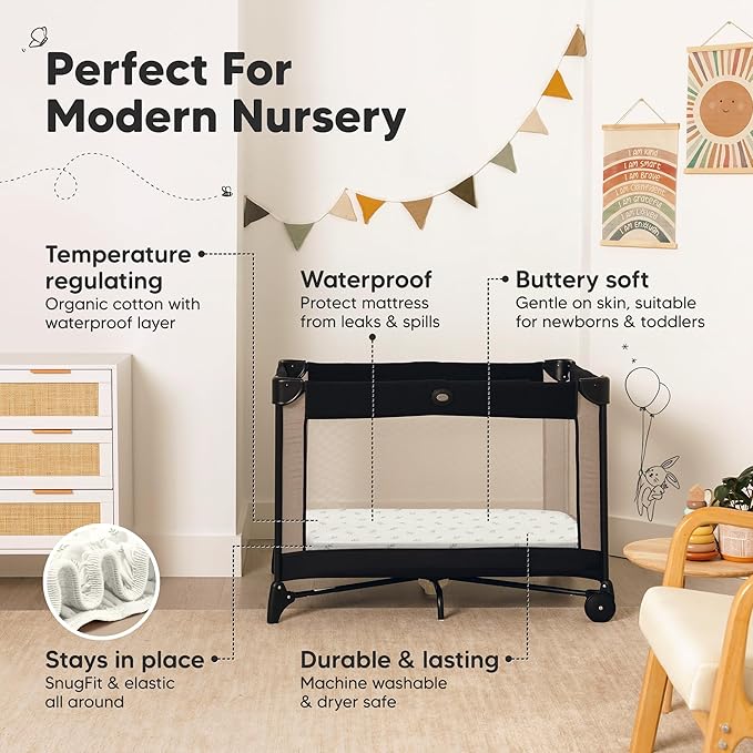 2-Pack Pack and Play Sheets, Waterproof Mini Crib Sheets Fitted - Organic Cotton Pack N Play Sheets for Graco Pack and Play Mattress, Playard Baby Crib Sheets, Neutral for Boy, Girl, Toddler (Herb)