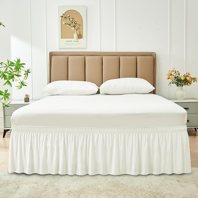 Biscaynebay Wrap Around Bed Skirts for Queen Beds 17" Long Drop, Ivory Adjustable Elastic Dust Ruffles Easy Fit Wrinkle & Fade Resistant Silky Luxurious Fabric Solid Machine Washable