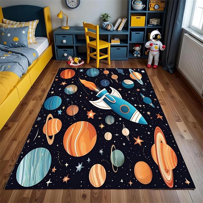 6x8ft Large Space Themed Area Rug - Cartoon Space Solar System Planets Area Rugs, Soft Non-Slip, Machine Washable Polyester Mats, Perfect for Kids Room, Playroom and Nursery, Space Room Decor