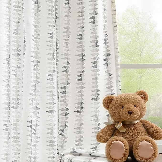 jinchan Linen Nursery Curtains for Living Room Boho Curtains for Bedroom Kids Room 96 Inches Long Geometric Printed Farmhouse Drapes Rod Pocket Window Treatment Curtain Set of 2 Panels Gray
