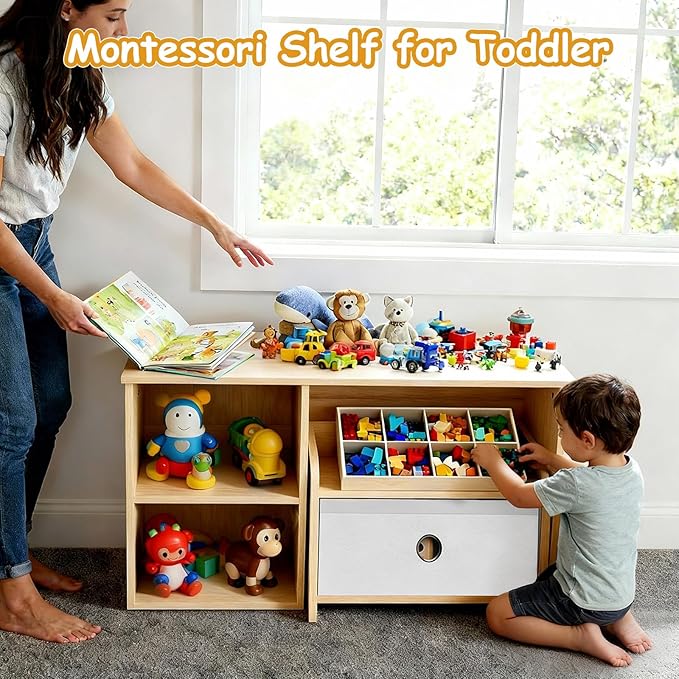 Kids Bookshelf with Bench, Toddler Table with Reading Nook, Montessori Shelf with Fabric Drawer, Toy Organizers and Storage for Kids Rooms, Nursery, Playroom, Bedroom, Natural