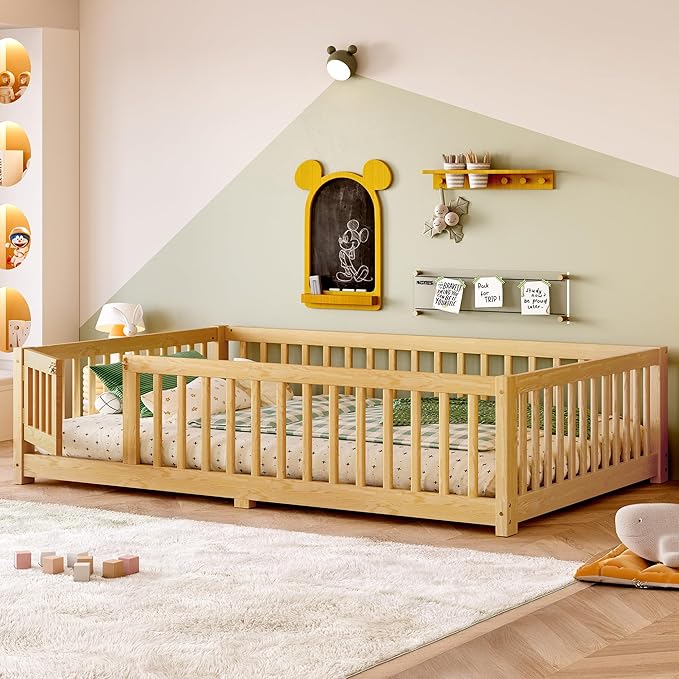 Bellemave Full Size Floor Bed with Rails for Kids, Girls, Boys, Pine,Plywood Floor Bed with slats and Door, Natural