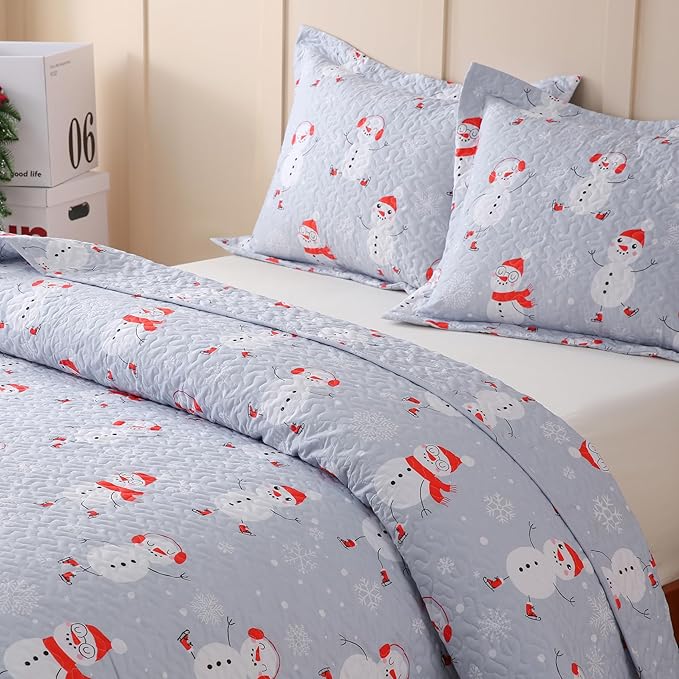 JSD Blue Snowman Christmas Kids Quilt Set Twin Size, 2 Pcs Christmas Bedding, Soft Microfiber Printed Bedspread Coverlet Holiday Quilted Blanket