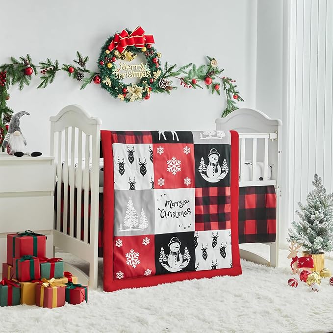 Christmas Gray Crib Bedding Set 3 Pieces New Year Style Quilted Plaid Comforter with Fitted Sheet and Bed Skirt - Cute Snowman Tree Deer Red Black Design Baby Crib Bed Set
