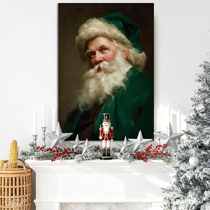 YONICA Christmas Canvas Wall Art Green Santa 20x30 Inch Historical Christmas Figure Art - Large Framed Gallery Wrapped Collectors Edition
