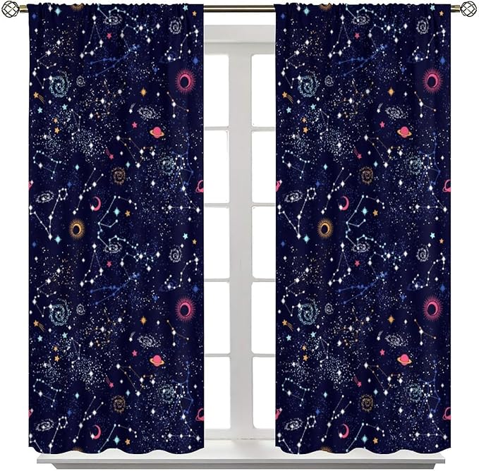 Kids Galaxy Curtains, Fantasy Stars Outer Space Universe Planets Print Window Treatments for Boys Girls Bedroom Nursery Playroom 42" W X 54" L