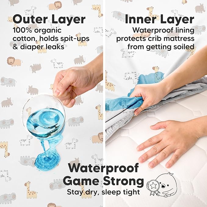 2-Pack Waterproof Crib Sheets for Girl, Boy - Organic Cotton 52X28 Fitted Crib Sheets Neutral, Crib Mattress Protector Sheets, Soft Toddler Bed Sheets,Washable Infant Fitted Baby Crib Sheets(Savannah)