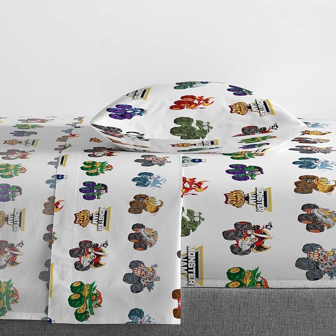 Monster Jam Truckin Pals 5 Piece Twin Bed Set - Includes Comforter & Sheet Set - Bedding Features Grave Digger & Megalodon - Super Soft Fade Resistant Microfiber (Official Monster Jam Product)