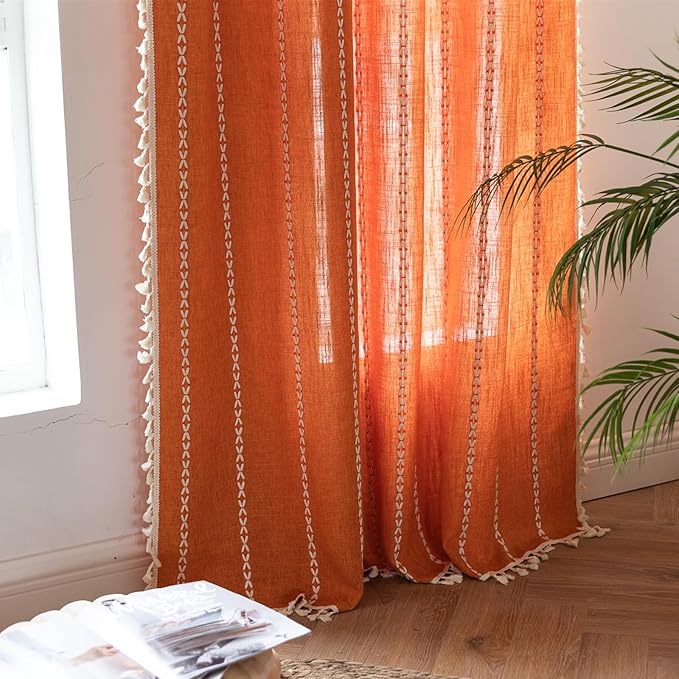 Deeprove Orange Boho Curtains 84 inches Long with Tassel for Bedroom Living Room, Bohemian Farmhouse Terracotta Cotton Linen Burnt Country Window Treatments Fall Halloween Decor, W52 x L84, 1 Panel
