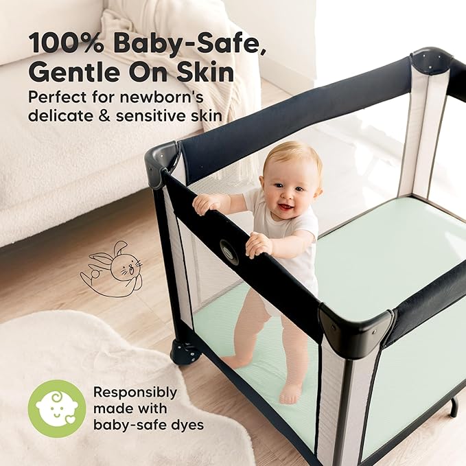 Pack and Play Sheets Fitted - 2-Pack Mini Crib Sheets for Pack N Play Mattress 38x26, Soft & Cozy, Neutral Toddler Playard Bedding, Snug Fitted Mini Baby Crib Mattress Cover Boy, Girl (Aloe)