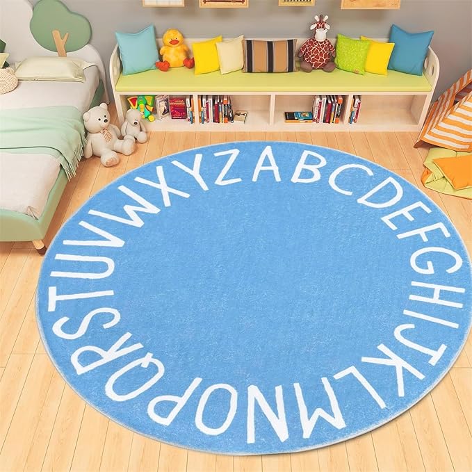 Round ABC Kids Carpet Alphabet Nursery Area Rug Extra Large Soft Crawling Play Mat Suitable for Children's Bedrooms - Non-Slip and Machine Washable-4ft Blue