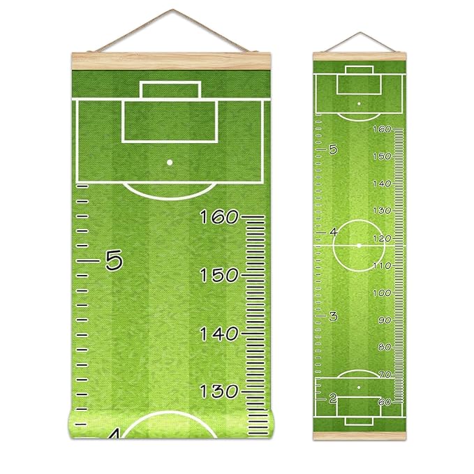 Personalized Kids Name Growth Chart Ruler for Wall Wood Frame Height Measure Chart 13.4x56 in Linen Hanging Height Growth Chart Football Field Kids Room Decor