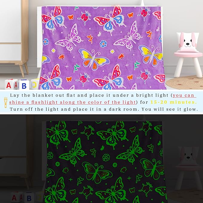 Butterfly Blanket Glow in The Dark Blanket Gifts for Girls, Toys for 1 2 3 4 5 6 7 8 9 10 Year Old Girls Birthday Gifts Butterfly Gifts for Adults Kids,Soft Warm Kids Throw Blanket 80"x60"