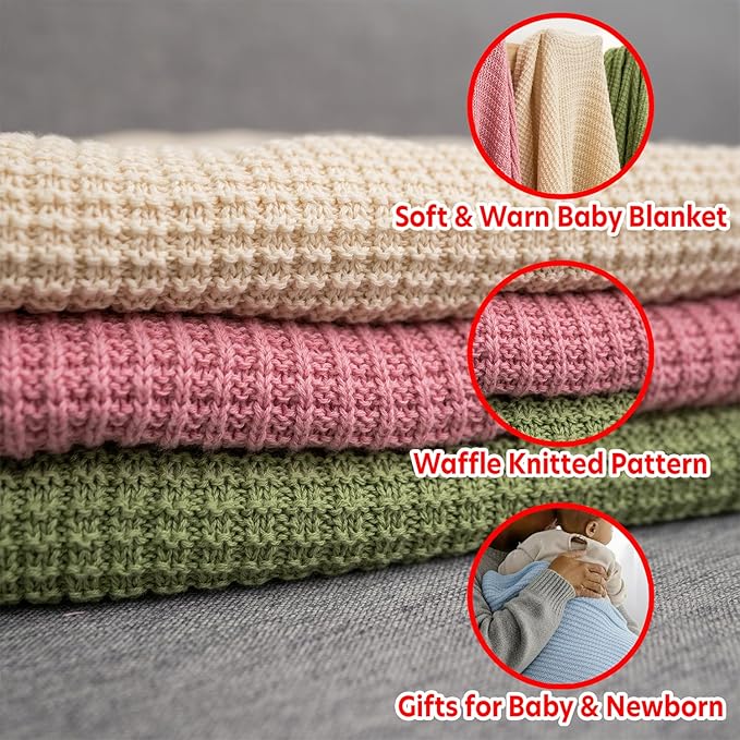 Baby Knit Blanket, 100% Cotton Waffle Patterns, Soft, Cozy, Lightweight Swaddle for Newborn & Infant Swaddling Beige Neutral, Perfect Baby Shower Ideas Baby Blue 30x40
