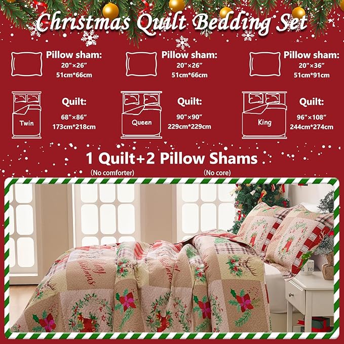Christmas Bedding Set King Christmas Quilt Bedspread,Gnome Santa Claus Plaid Patchwork Xmas Quilt Set Bedding Holiday Christmas Quilts Decor Gift Elk Pattern Lightweight Reversible Bedspread Coverlet