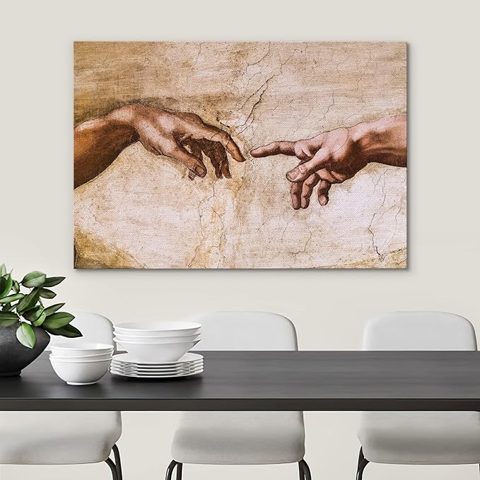 SIGNWIN Framed Canvas Wall Art Hands of God, Creation of Adam by Michelanglo Graffiti & Street Art Famous People Pop Art Modern Urban Multicolor for Living Room, Bedroom, Office - 16x24 inches