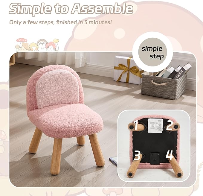 Kids Chair Toddler Chairs Comfy Sherpa Toddler Couch Sofa, Fluffy Kids Desk Chair for Drawing, Wooden Kid Reading Chairs, Boys Girls Desk Chairs for Bedroom/Playroom/Nursery/Gifts, Pink