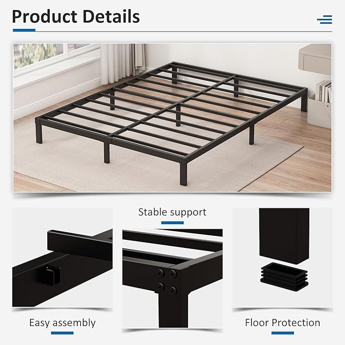 9 Inch Low King Bed Frame Heavy Duty Metal Platform, No Box Spring Needed, Easy Assembly Mattress Foundation, No Noise, Black