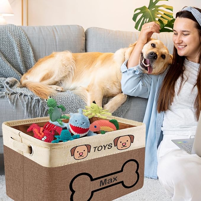Personalized Dog Toy Basket - Custom Dog Toy Box with Pet's Name - Collapsible Cute Basket with Handles - Storage Organizer
