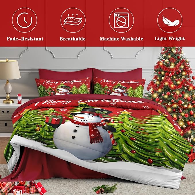 7 Pcs King Size Christmas Comforter Set with 2 Pillowcases & 2 Shams, Red Cartoon Snowman Bedding for Kids and Adults, Funny Xmas Pine Forest Bed in a Bag with Flat Fitted Sheet