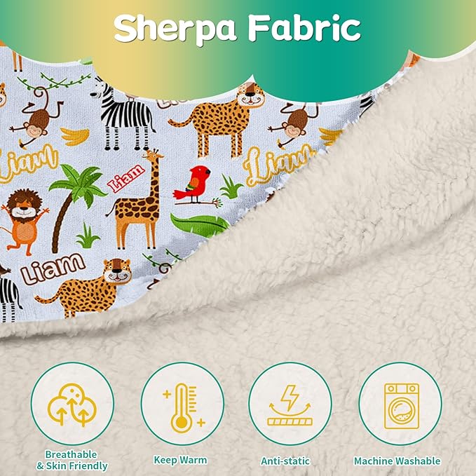 Custom Safari Animals Blanket Gift, Personalized Baby Blanket with Name, Soft Plush Flannel/Sherpa Fleece Throw Blankets for Toddler Kid Teen Boys Girls Color03