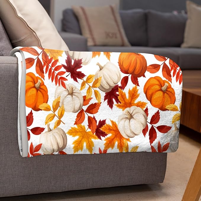 Fall Throw Blanket - Pumpkin Maple Leaf Autumn Blanket - Thanksgiving Fall Decor Gift - Ultra Plush Cozy Lightweight Thanksgiving Pumpkin Blanket for Sofa,Bed,Couch - 40"x50"-Kids/Throw Size