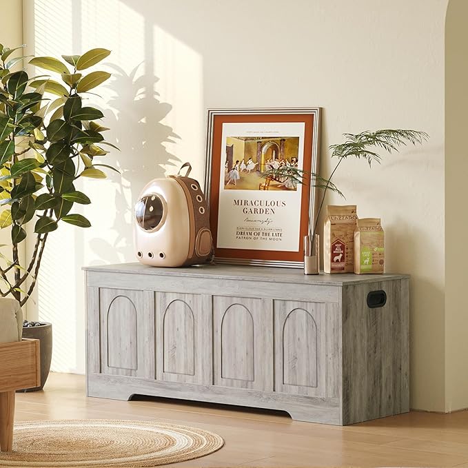 DINZI LVJ Storage Chest, 47.2" Rattan-Like Toy Box with 2 Safety Hinges, Wooden Entryway Storage Bench with Flip-Top, Large Trunk for Living Room, Bedroom, Easy Assembly, Gray Wash