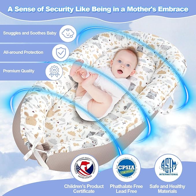 Baby Lounger, Portable Baby Lounger for Newborn 0–24 Months, Infant Nest for Travel, Floor Time, and Crib Use, Baby Essentials for Home (Hoot)