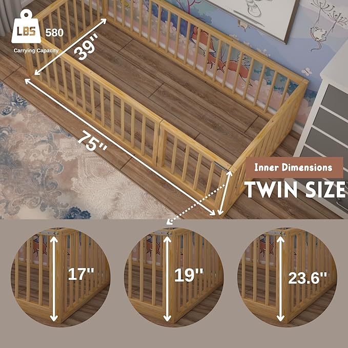Montessori Floor Bed with Door On The Right Side for Toddler | Pine Wood Natural Solid Frame Beds | Sturdy Modern Design Floor Bed Frame for Boy and Girls (Twin, Height: 19 Inches)
