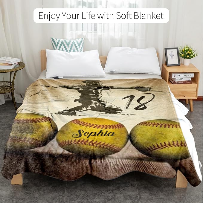 Custom Softball Blanket with Number Name: Personalized Fluffy and Warm Gift for Baby Toddler Kids and Adults Birthday Skin-Friendly Flannel Fabric(60X80inch)