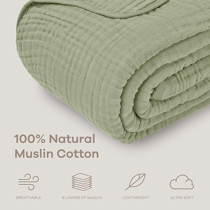 Comfy Cubs Muslin Blanket for Adults King 108" x 90" - 6 Layer Soft, Breathable & Lightweight Muslin Adult Blanket - Machine Washable & Designed in The US Bedding for All Seasons - Sage