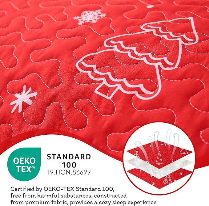 JSD 2 Pcs Kids Christmas Quilt Set Twin Size, Red Christmas Tree Bedding, Soft Microfiber Bedspread Coverlet Holiday Quilted Blanket