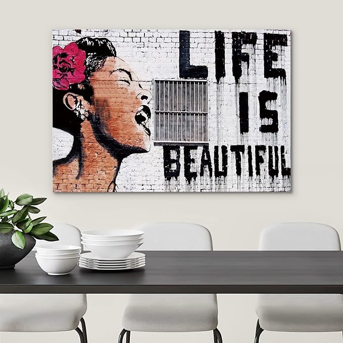 SIGNWIN Framed Canvas Wall Art Banksy Life is Beautiful Billie Holiday Graffiti & Street Art Famous People Pop Art Modern Urban Multicolor for Living Room, Bedroom, Office - 12x18 inches