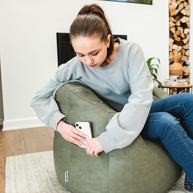 Big Joe Milano w/Vibe Vibrating Massage Bean Bag Chair for Kids, Teens, Adults, Olive Green, Vegan Leather, Lightweight Seat for Reading Nook and Gaming 2.5 Foot Refillable