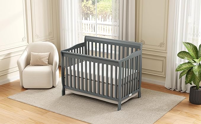 Baby Crib 5-in-1 Convertible, Wooden Cribs Converts to Toddler Bed, Daybed and Full-Size Bed, Nursery Furniture with Non-Toxic Finishes (Steel Grey)
