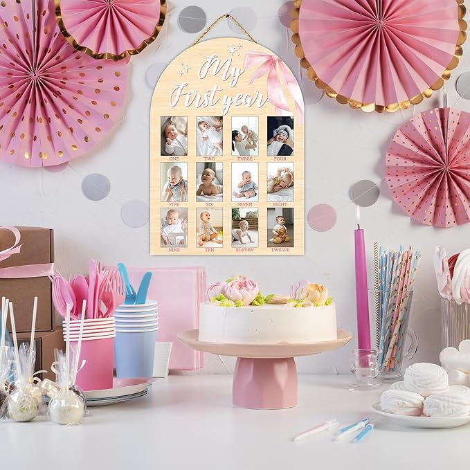 My First Year Milestone Photo Board, One Year of Wood Photo Board, 12 Monthly Baby Picture Frame, Pink Bow Nursery Decor, Girl Boy 1st Birthday Decorations, Baby Shower Keepsake Best Gift-A15