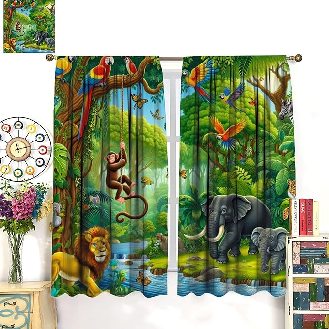 Animals Window Curtain Cartoon Jungle Forest Elephant Lion Print Curtains for Kids Boys Girls Nursery Baby Bedroom Playroom Home Decor Window Drapes 42" W X 54" L