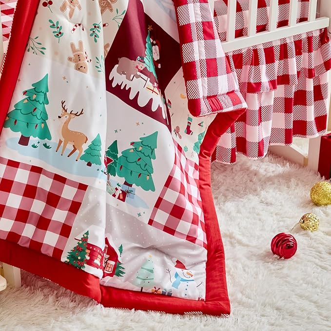 Christmas Crib Bedding Set 3 Pcs with Santa Snowman Red White Design, Quilted Comforter Fitted Sheet & Bed Skirt, Holiday Baby Crib Set