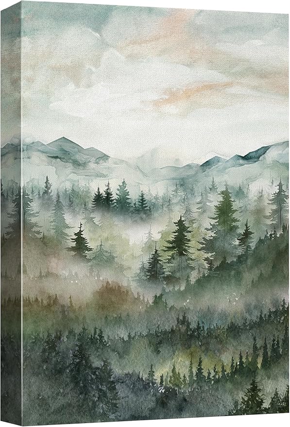 SIGNWIN Canvas Print Wall Art Misty Forest Landscape Watercolor Serene Mountain Pine Trees in Fog Illustrations Modern Art Decorative Landscape for Living Room, Bedroom, Office - 32"x48"