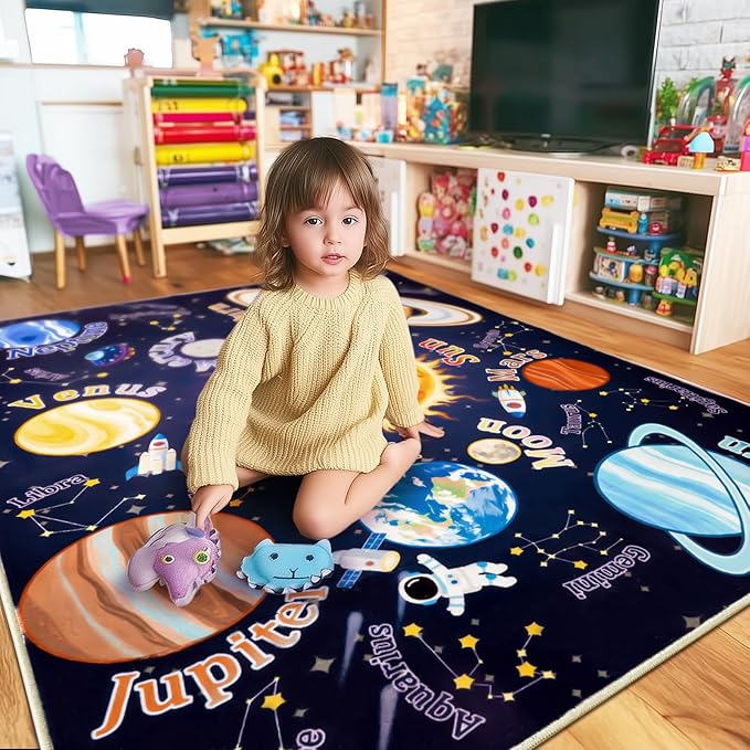 Kids Rugs for Playroom, 3x4 Feet Educational Rug for Learn The ABC Alphabet, Soft Machine Washable Non-Slip Cute Space Galaxy Carpet for Classroom Toddler Nursery Kids Room Decor Mat