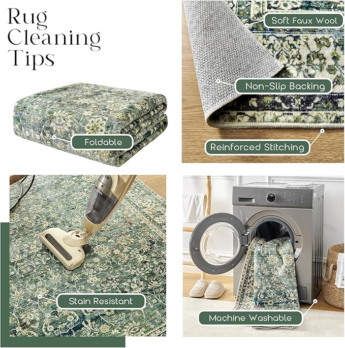 5x7 Area Rugs Washable Rugs for Living Room,Christmas Faux Wool Soft Moody Floral Boho Vintage Oriental Indoor Carpet Rug for Bedroom,5 by 7,Dark Emerald Green