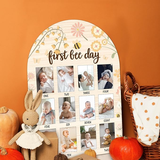 One Year of Wood Photo Board, My First Year Milestone Photo Board, 12 Monthly Baby Picture Frame, First Bee Day Nursery Decor, Girl Boy 1st Birthday Decorations, Baby Keepsake Gift-A18