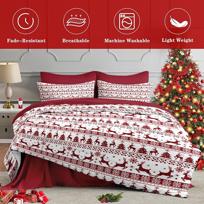 7 Pcs Queen Size Christmas Comforter Set with 2 Pillowcases & 2 Shams, Red Winter Funny Reindeer Bedding for Kids and Adults, Pine Tree Snowflake Bed in a Bag with Flat Fitted Sheet