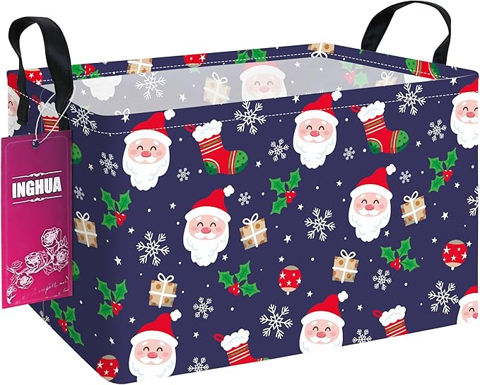 Rectangular Christmas Storage Basket Fabric Organizer Bin for Toys,Books,Clothes,Gifts,Pets-Perfect for Home,Office,Nursery,Dorm,Shelf(Rec-Christmas gift basket)