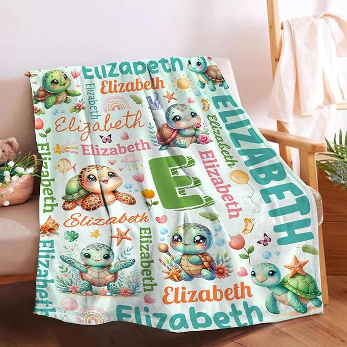 Personalized Custom Cute Turtle Preschool Blanket Gifts for Baby Toddler Kids Boys Girls - Customized Cute Turtle Soft Lightweight Flannel Sheets Decor for Crib Nap Couch - 40"x50" for Kids/Children